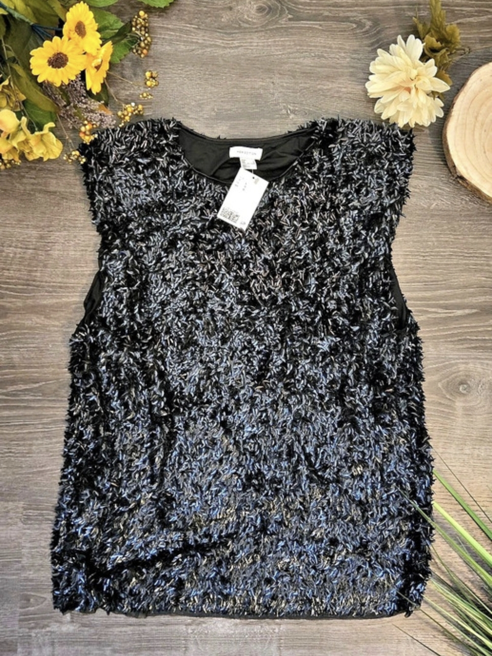 H&M Sequined Shoulder-pad Top Black & Blue Size Large